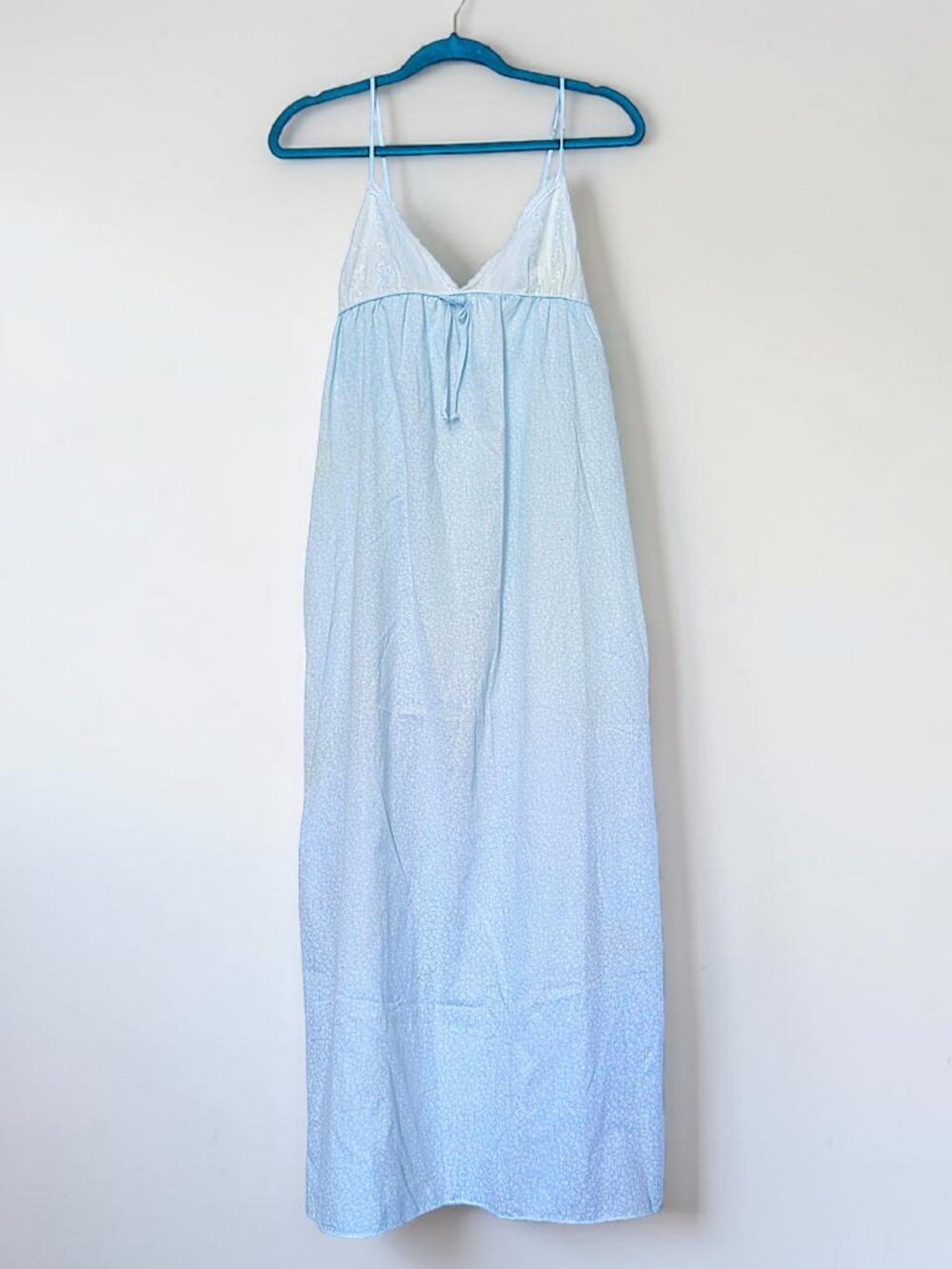 VTG 70s Union Made blue white floral embroidery fairy cottage prairie slip dress
